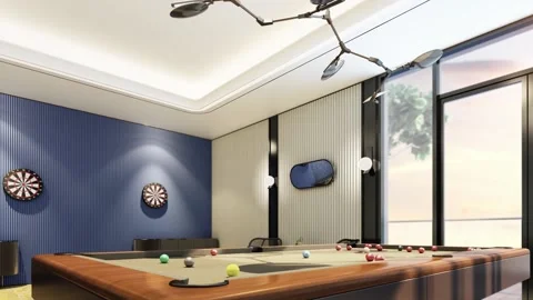 3d animation rolling balls on pool table in billiard room Stock Footage 132031888