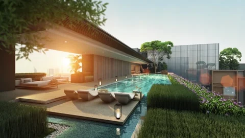 3d animation of rooftop swimming pool at sunset Stock Footage 132031982