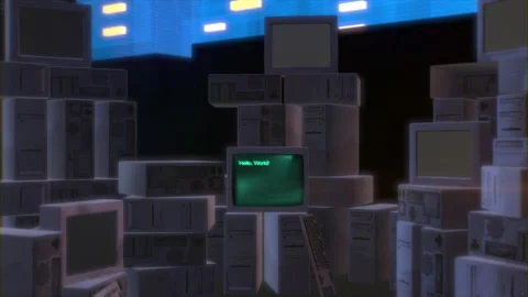 3D animation of a room with old computers and an inscription on the screen Stock Footage 235898153