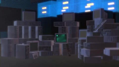 3D animation of a room with old computers and an inscription on the screen Stock Illustration