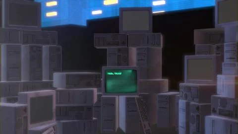 3D animation of a room with old computers and an inscription on the screen Illustrazione stock