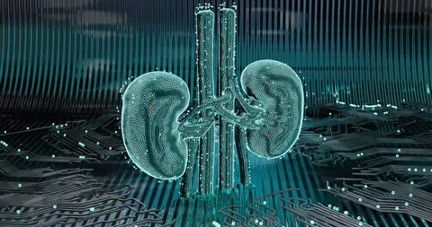 3D animation rotating abstract low-poly digital kidneys with neon illuminati Stock Footage 314049685