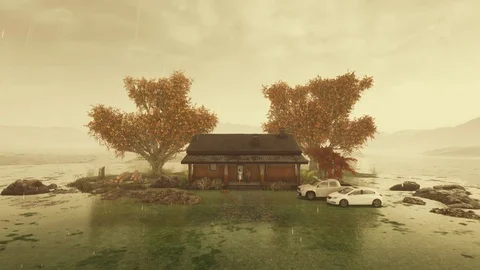 3D Animation rotating around of a country home going trough different weather co Stock Footage