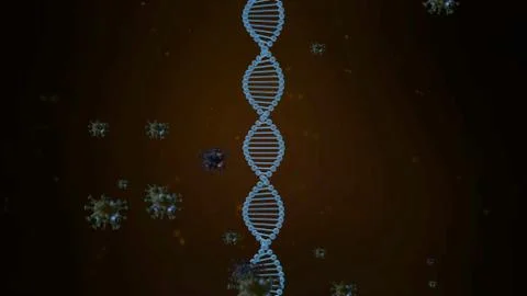 3D animation of rotating DNA strand surrounded and attacked by alien cells. Stock Illustration