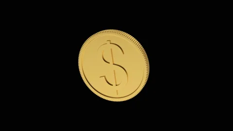 3D animation of a rotating gold dollar coin on black. Alpha channel. 4K Video stock 143220078