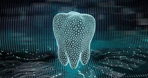 3D animation of a rotating, low-polygon digital tooth model with digital sca Stock Footage 307941138