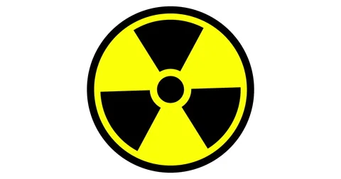 3D animation of rotating radiation warning symbol with black trefoil on yellow Video stock 336475699