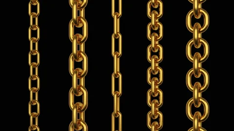3D animation of rotation of gold chains on black. Alpha channel. 4K Stock Footage 141544766