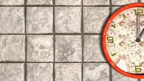 3d animation of round shape old clock on the retro tile.Time moving concept. Day Stock Footage 111971403