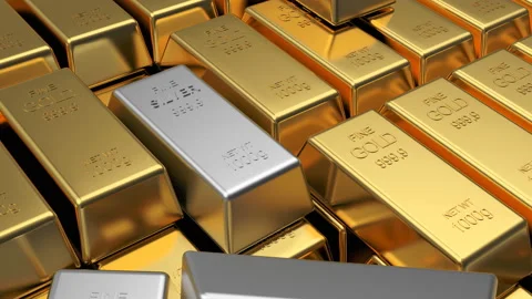 3D animation of rows of gold and several silver bars. 4K Stock-Footage 139562953