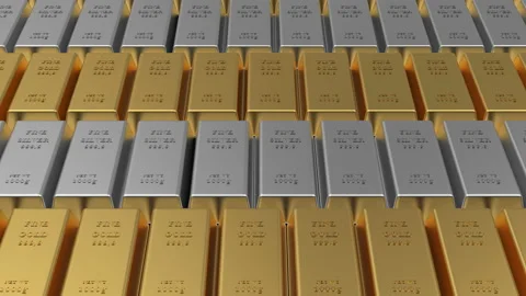 3D animation of rows of gold and silver bars moving Stock Footage 141868431