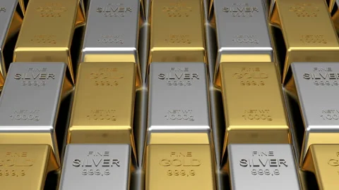 3D animation of rows of gold and silver bars. 4K Stock Footage 148372422