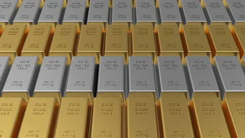 3D animation of rows of gold and silver bars. Video stock 159639538