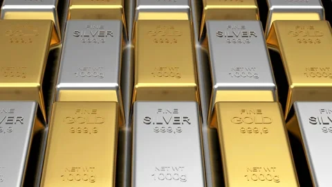 3D animation of rows of gold and silver bars in 4K. Stock Footage 233613953