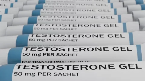 3d animation of sachets labeled "TESTOSTERONE GEL" stacked in parallel Stock Footage 342963799