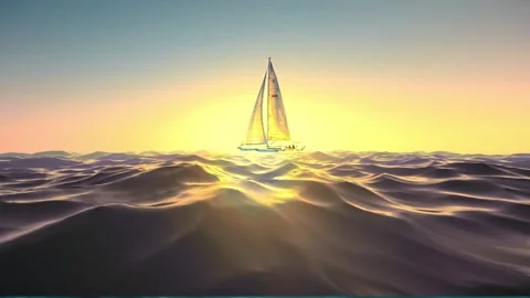 3D animation of sailboat on ocean waves at sunset Видео 276290604