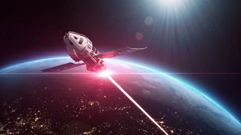 3D animation of satellite attacking space object with laser weapon Stock Footage 267032485