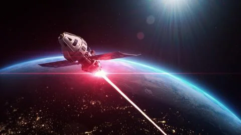 3D animation of satellite attacking space object with laser weapon Illustrazione stock
