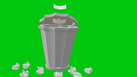 3D animation of scattered paper trash outside a garbage bin with green back.. Stock Footage 326165474