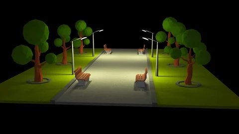 3d animation scene of a park with trees and benches at night street lighting Video stock 129622012