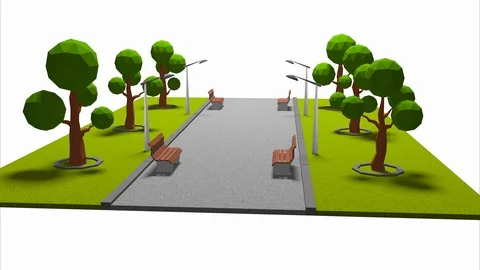 3d animation scene of a park with trees and benches on a sunny day. Stock Footage 129728906