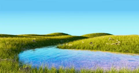 3D animation of serene landscape with stream surrounded by vibrant green grass,  Video stock 309926209
