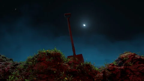 3D Animation of a shovel stuck in a dug-up mound of earth at night Stock Footage 344420058