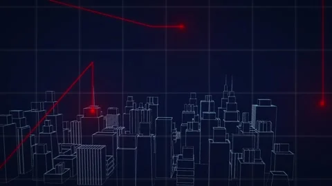 3D animation showcases a dynamic cityscape with rotating skyscrapers and digital Stock Footage 330664504