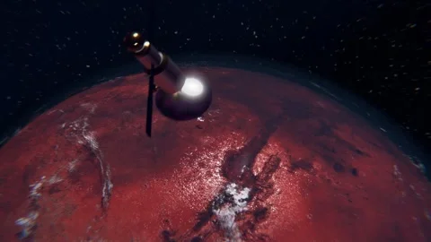 3D animation showcases Mars and an artificial satellite orbiting the red pl.. Video stock 270512936