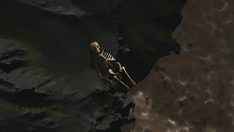 3D animation showing an aerial view of a skeleton washed up on the side of a Stock Footage 299889437