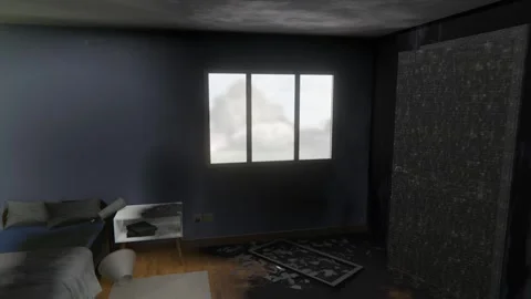 3D animation showing the aftermath of a burnt bedroom Stock Footage 328781637