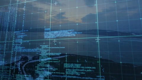 3D animation showing blue grid overlaying shoreline while scrolling code with Stock Footage 309156244