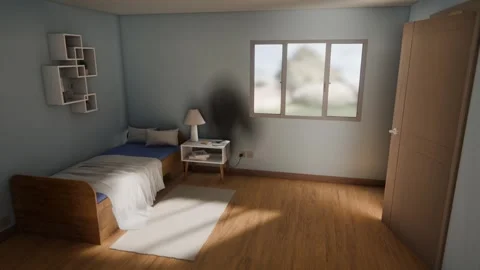 3D animation showing a burn mark on the wall of a bedroom Stock Footage 328781965