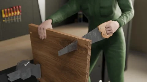 3D animation showing a man cutting a warped piece of wood Stock Footage 322860475