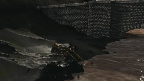 3D animation showing a skeleton washed up on the side of a flowing river under Stock Footage 299890174
