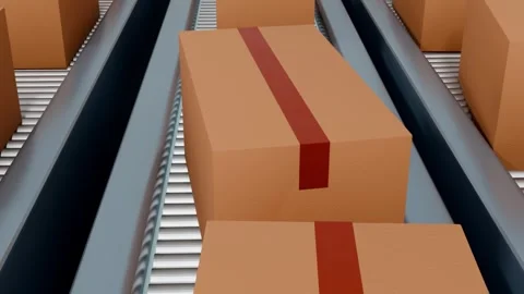 A 3D animation shows a conveyor belt moving boxes. Stock Footage 320995984
