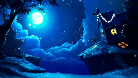 3D Animation, small House With Lights Under The Moonlight Stock Footage 225070109