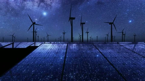 3D Animation of solar panels and wind turbine starry night Stock Footage 165809699