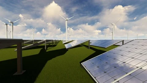 3D animation of Solar panels on large wind turbines background Stock Footage 166037501