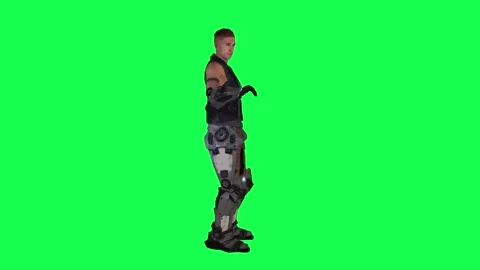 3D animation of a soldier checking his arm and leg armor from the left angle on Stock Footage 247813517