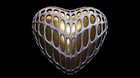 3D animation of the spinning aged brass heart in a scratched silver metal armor Stock Footage 274441533