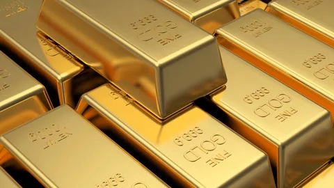 3D animation of stacked gold bars with a silver bar Stockbeeldmateriaal 333122824