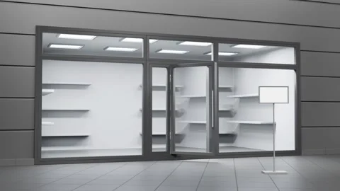 3d animation, store front with glass window, opening door and floor stand on Stock Footage 168753160