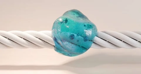 3D animation on the surface of a thick rope, a translucent drop of bright bl Stock Footage 337943124