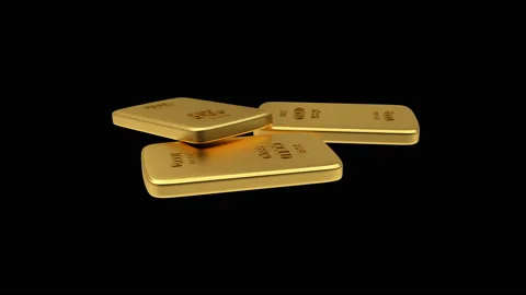 3D animation of three gold bars on black. Alpha channel. 4K Stock Footage 143219854