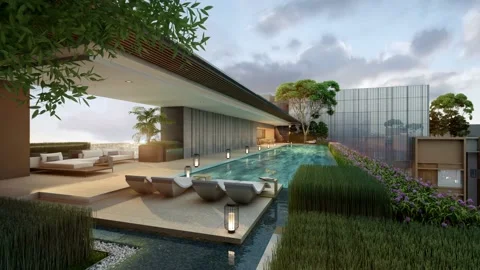 3d animation time-lapse of rooftop swimming pool from sunset to evening Stock Footage 132032114