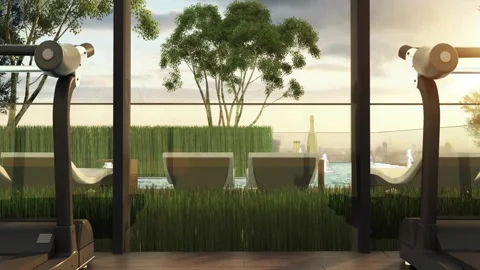 3d animation timelapse at sunset overlooking the city from gym Video stock 132032092