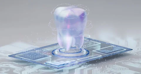 3D animation of a tooth spinning 360 degrees on a digital tablet displaying Stock Footage 307941191