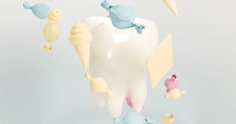 3D animation of a tooth surrounded by bright sweets Stock Footage 321890279