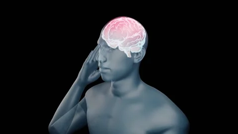 3D animation transparent man holds his hand near his temple neon brain pulsa Stock Footage 162185740